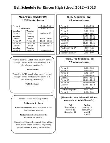 Bell Schedule for Rincon High School 2012—2013