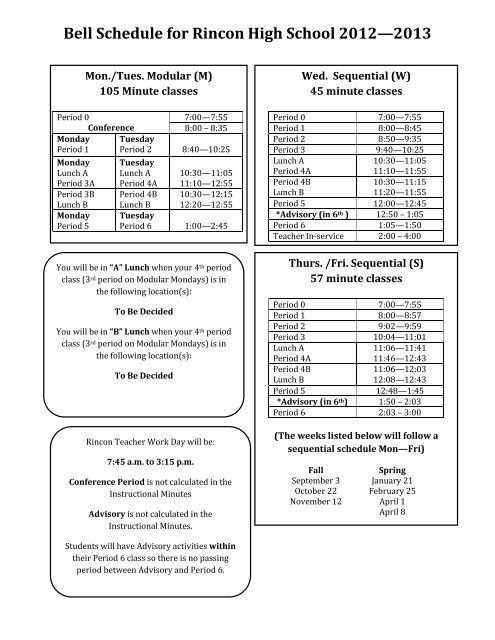 Bell Schedule for Rincon High School 2012—2013