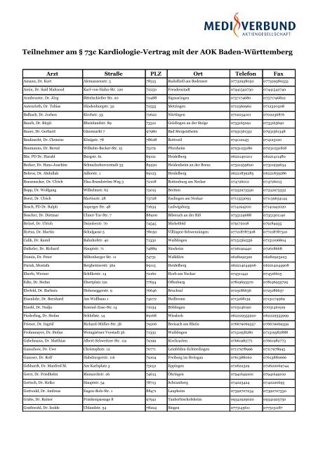 Teilnehmer am § 73c Kardiologie-Vertrag mit der AOK Baden ...