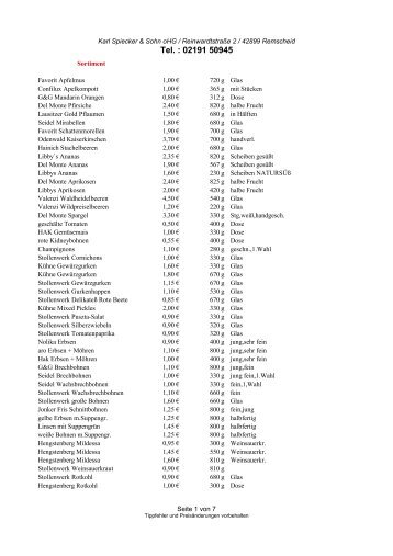 Sortimentsliste Karl Spiecker & Sohn oHG (Mai 2009)