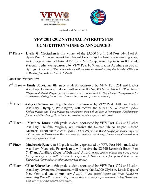 vfw 2011-2012 national patriot's pen competition winners announced