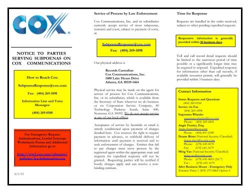 notice to parties serving subpoenas on cox communications