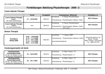 Fortbildungen Abteilung Physiotherapie 2009 / 2