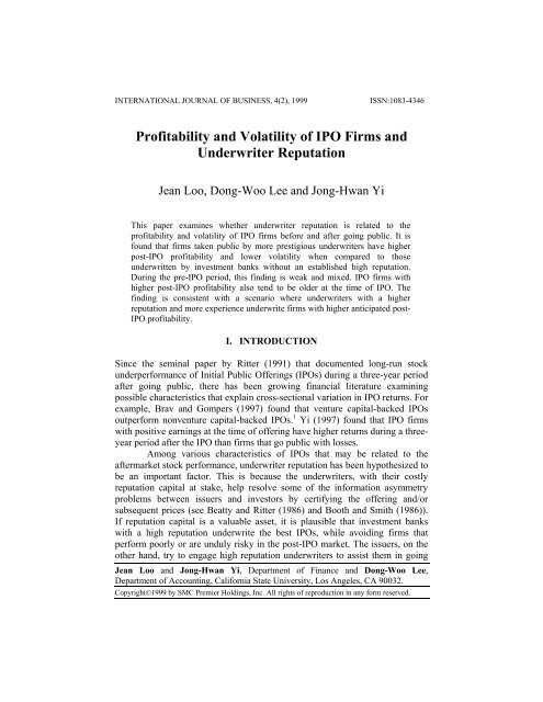 Profitability and Volatility of IPO Firms and Underwriter Reputation