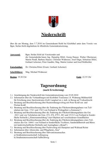 Niederschrift Tagesordnung - Gemeinde Reith bei Kitzbühel