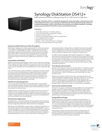 Synology DiskStation DS412+ 4 Bay NAS Server Datasheet - Use-IP