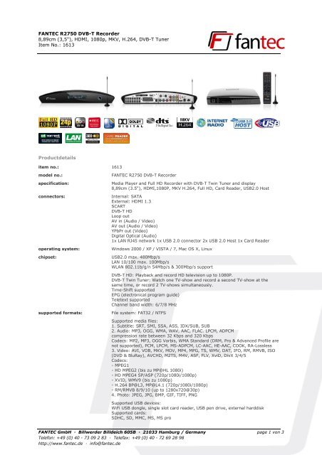 FANTEC R2750 DVB-T Recorder 8,89cm (3,5"), HDMI ... - 1000 Ordi