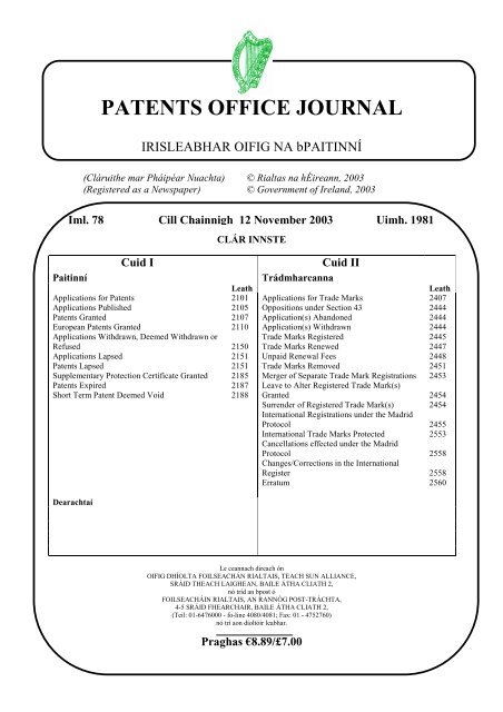 PATENTS OFFICE JOURNAL - Irish Patents Office