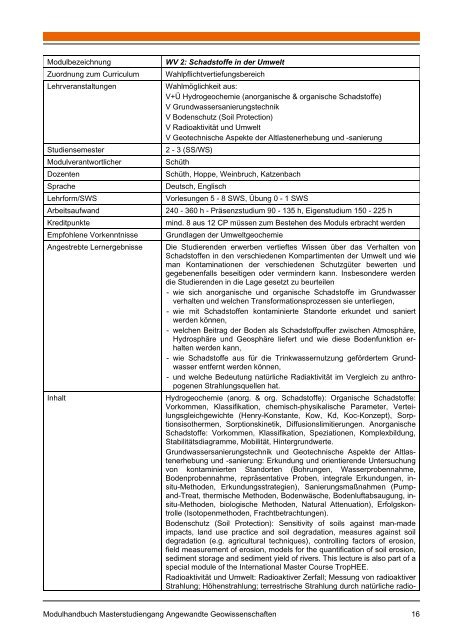 Master of Science Angewandte Geowissenschaften Modulhandbuch