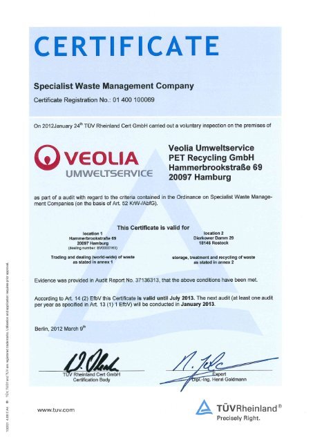 CERT FICATE - Veolia Umweltservice