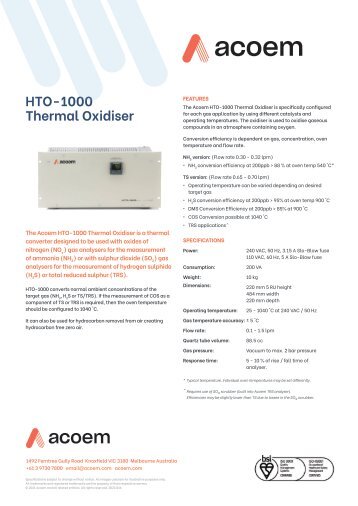 Acoem HTO 1000 Thermal Oxidiser spec sheet