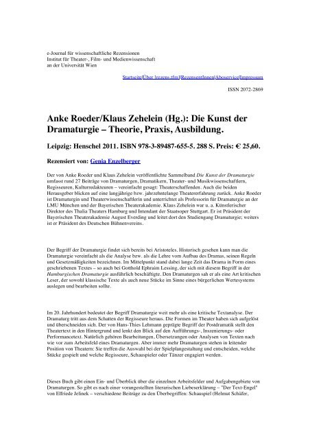 Anke Roeder/Klaus Zehelein (Hg.): Die Kunst der Dramaturgie ...