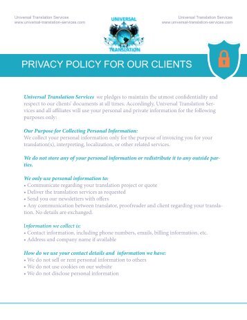 PRIVACY POLICY FOR OUR CLIENTS