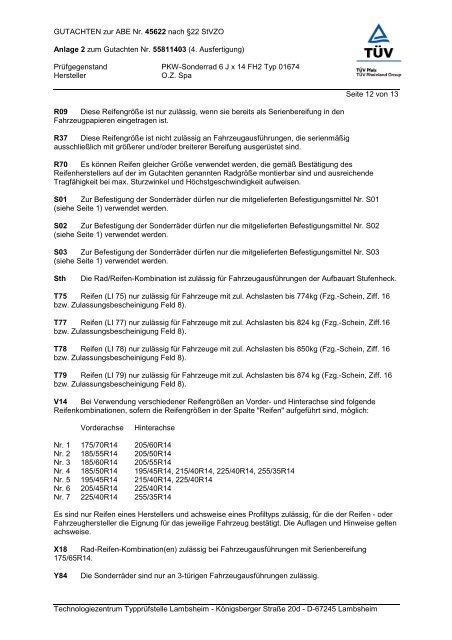 GUTACHTEN zur ABE Nr. 45622 nach §22 Stvzo Anlage 2 zum ...