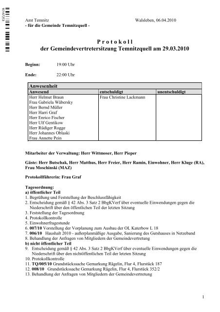 P rotokoll der Gemeindevertretersitzung Temnitzquell ... - Amt Temnitz