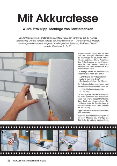 Mit Akkuratesse WDVS-Praxistipp: Montage von Fensterbänken