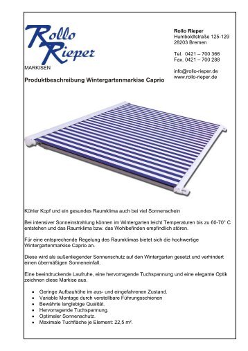 Produktbeschreibung Wintergartenmarkise Caprio - Rollo Rieper