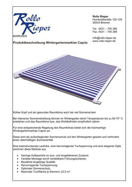 Produktbeschreibung Wintergartenmarkise Caprio - Rollo Rieper