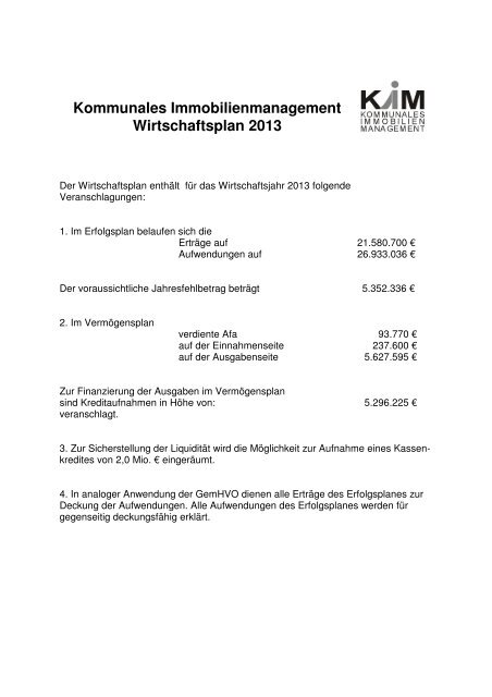 Kommunales Immobilienmanagement Wirtschaftsplan 2013 - Iserlohn