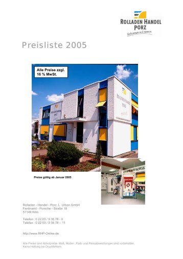 Preisliste RHP 2005 - Rolladen Handel Porz L.Urban GmbH in Köln