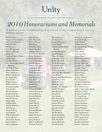 2010 Honorariums and Memorials - Unity