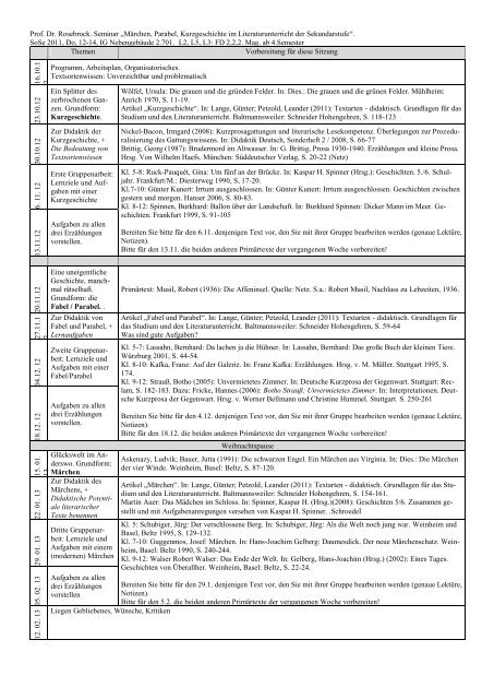 Prof Dr Rosebrock Seminar Marchen Parabel Kurzgeschichte Im