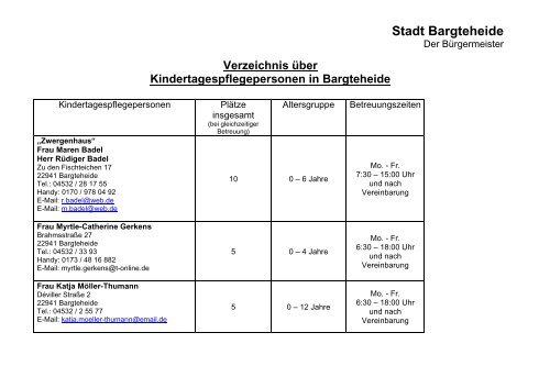 Verzeichnis über Kindertagespflegepersonen in ... - Stadt Bargteheide