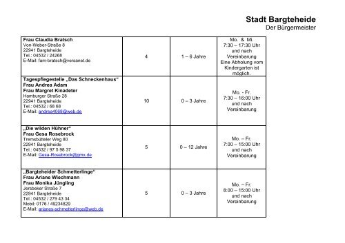 Verzeichnis über Kindertagespflegepersonen in ... - Stadt Bargteheide