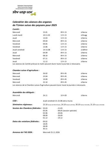 Calendrier des séances des organes 2023