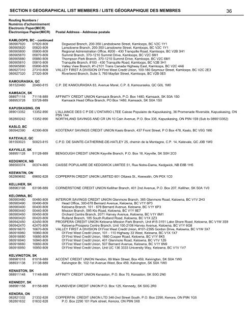 section ii geographical list - Canadian Payments Association