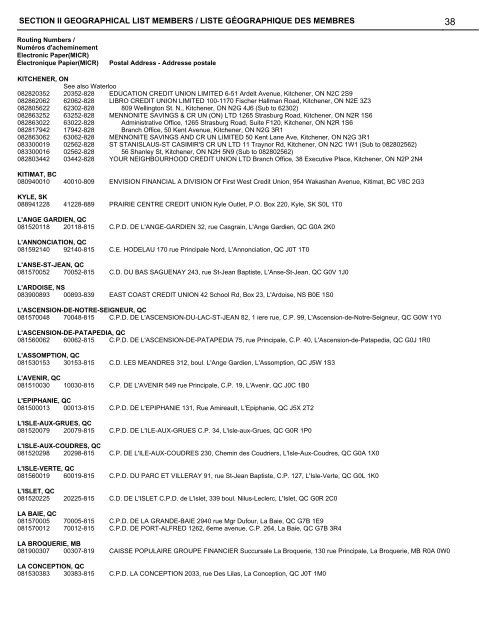 section ii geographical list - Canadian Payments Association