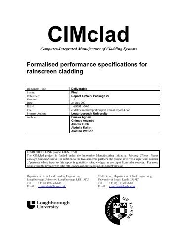 Formalised performance specifications for rainscreen cladding