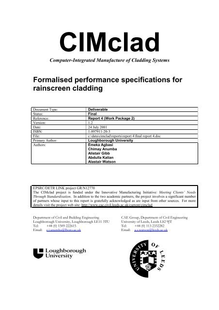 Formalised performance specifications for rainscreen cladding