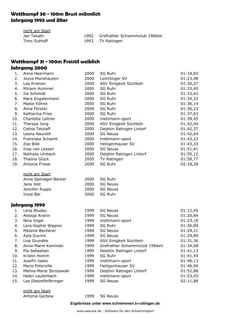 Protokoll 7. Ratinger Winterschwimmfest - TV Ratingen