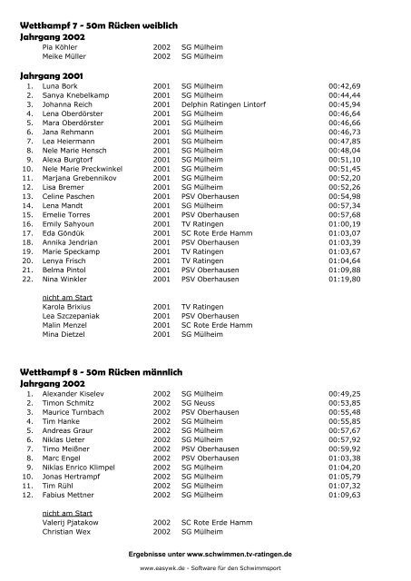 Protokoll 7. Ratinger Winterschwimmfest - TV Ratingen