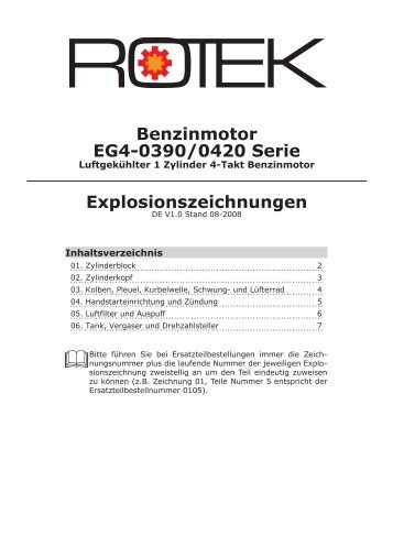 Explosionszeichnungen Benzinmotor EG4-0390/0420 Serie - Rotek