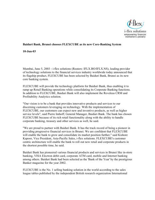 Baiduri Bank Brunei Chooses Flexcube As Its New Core Oracle