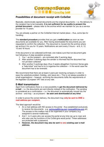 Possibilities of document receipt with Cosedat E-Mail transmission