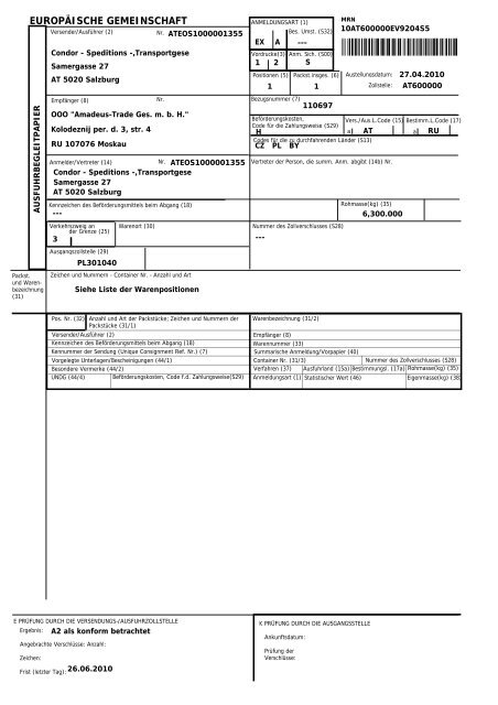 Muster Ausfuhrbegleitpapier EZ921 - Condor Spedition