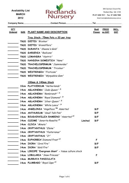 APRIL Stock Availability - Potted Colour Only - Redlands Nursery