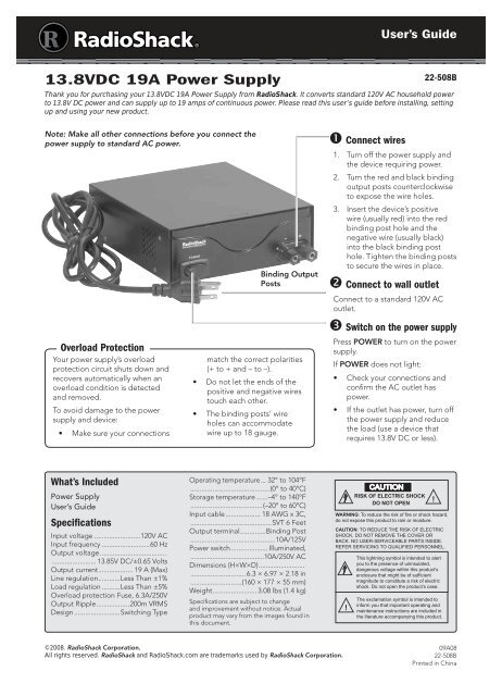 User's Guide 13.8VDC 19A Power Supply - Radio Shack