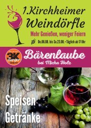 Speise- und Getränke/Weinkarte der 3K Bärenlaube des 1. Kirchheimer Weindörfle