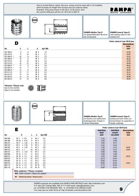 Catalog / Price List - Maryland Metrics