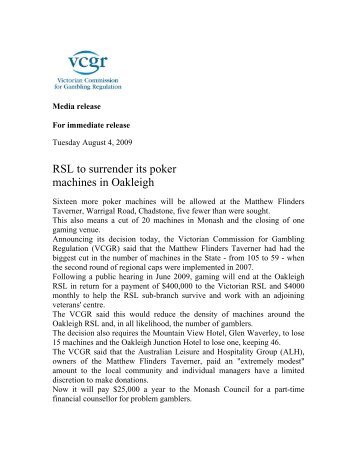 RSL to surrender its poker machines in Oakleigh - VCGLR