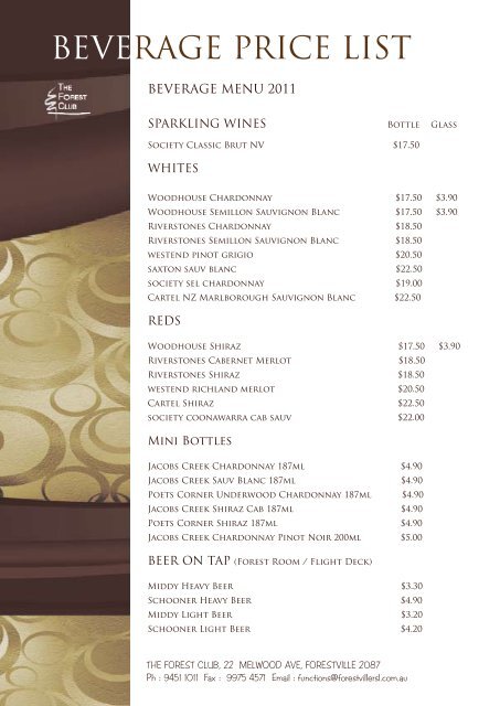 Beverage Price List Forestville Rsl Club