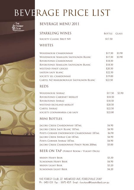 BEVERAGE PRICE LIST - Forestville RSL Club