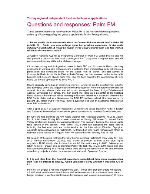 Palm FM - Q & A's - Ofcom Licensing