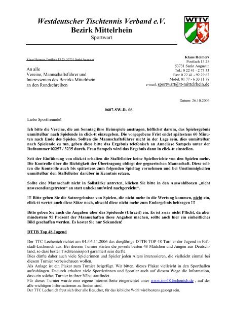 Westdeutscher Tischtennis Verband eV Bezirk ... - tt-Mittelrhein