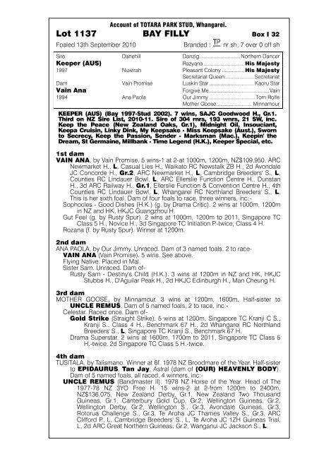 Account of TOTARA PARK STUD, Whangarei. - New Zealand ...