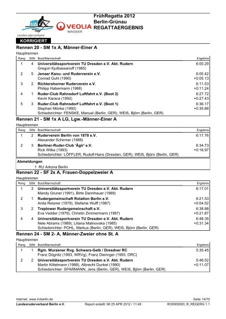 2012 Früh-Regatta Ergebnis - Landesruderverband Berlin eV